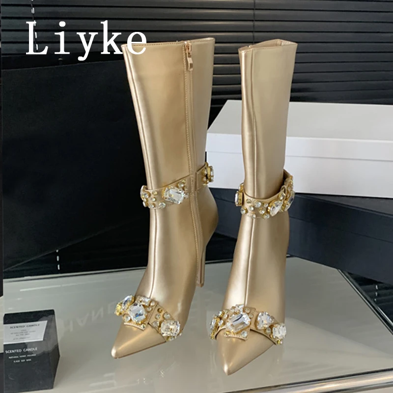 Liyke Fashion Crystal Gem Rivet Women Autumn Winter Shoes Zip Ankle Chelsea Boots Sexy Pointed Toe Party Stripper Heels Booties