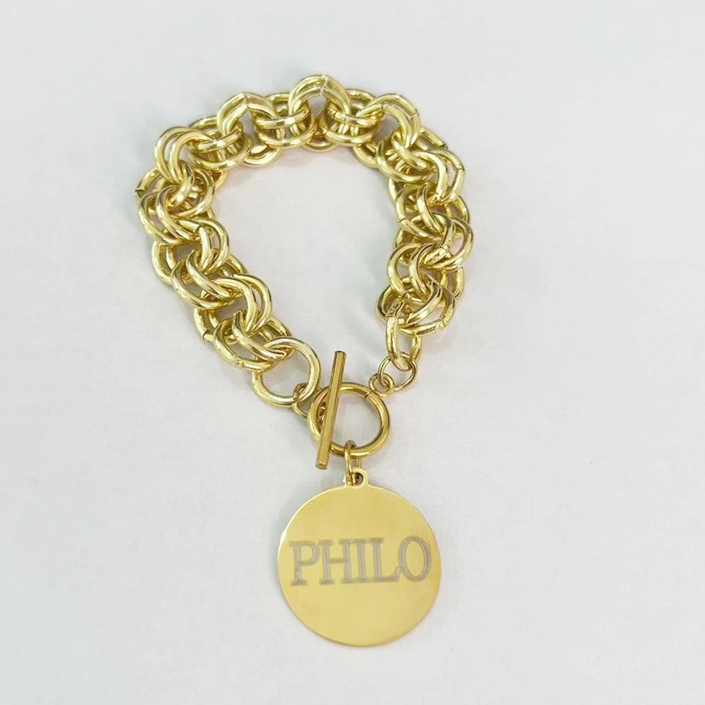 PHILO جولة الفولاذ المقاوم للصدأ رسالة قلادة الألومنيوم سلسلة OT مشبك سوار