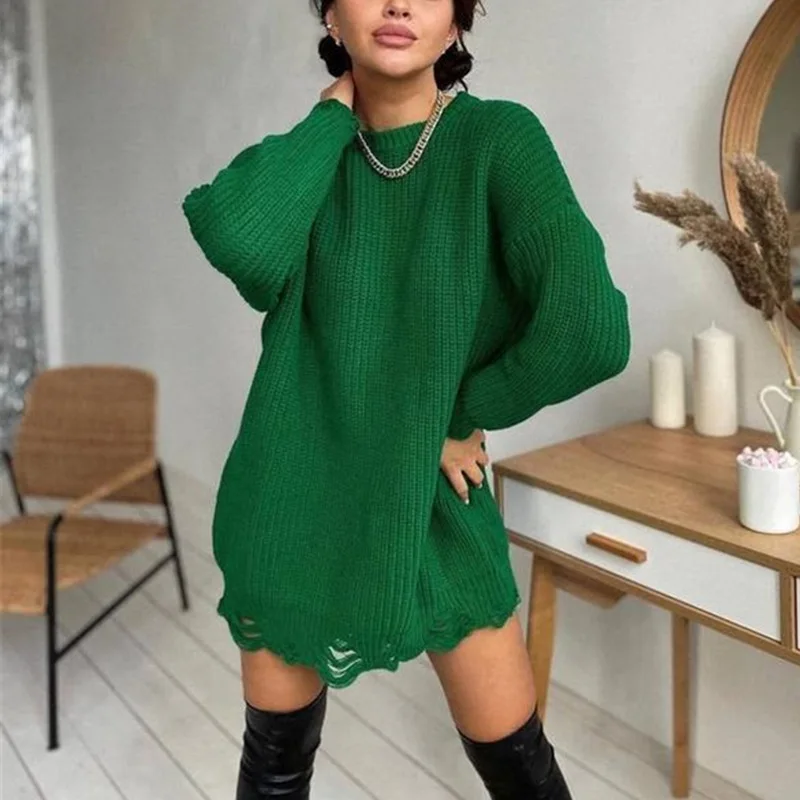 Women\'s 2022 autumn and winter solid color casual knitted pullover hem ripped loose mid-length sweater