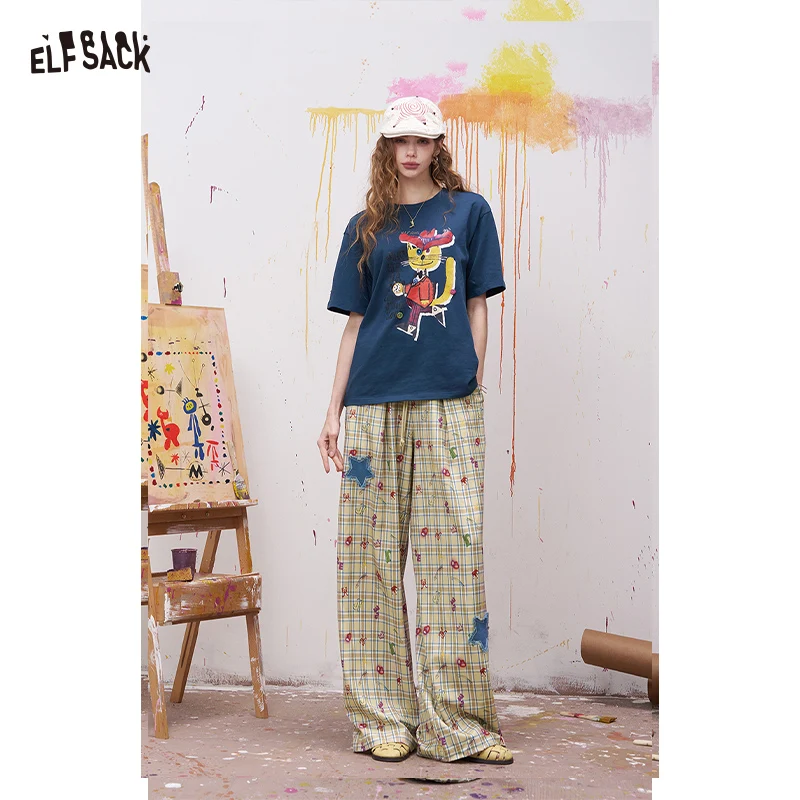 

ELFSACK Casual Plaid Wide Leg Pants with Letter Print, Loose Fit Baggy Pants with Star Patch for Women's Summer Daily Outfit