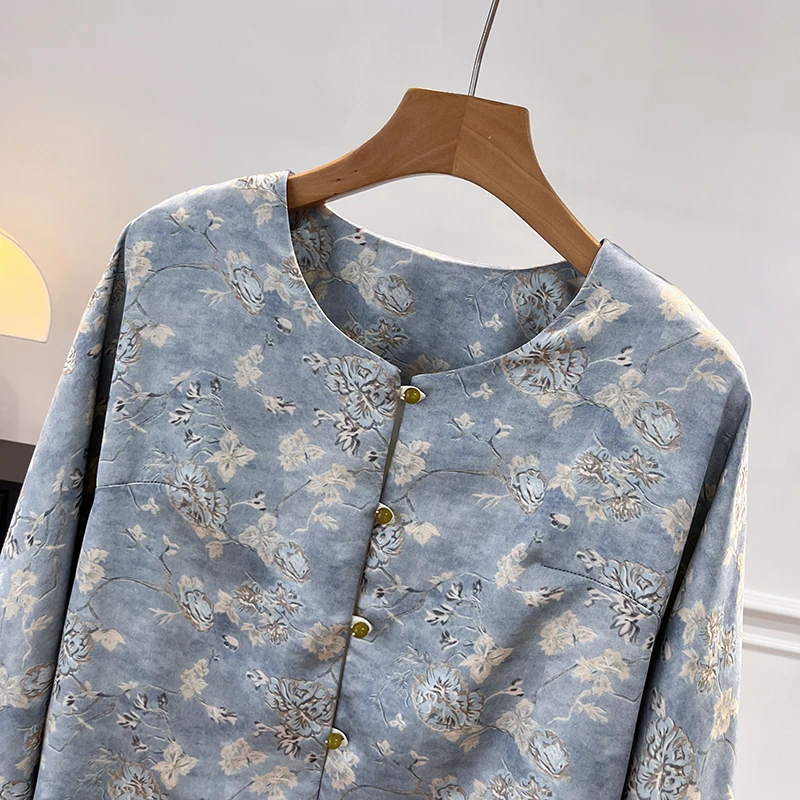   신상 중국 스타일 아우터웨어 여성용 라운드 넥 루즈핏 새틴 원단 가을 신상 패셔너블 코트