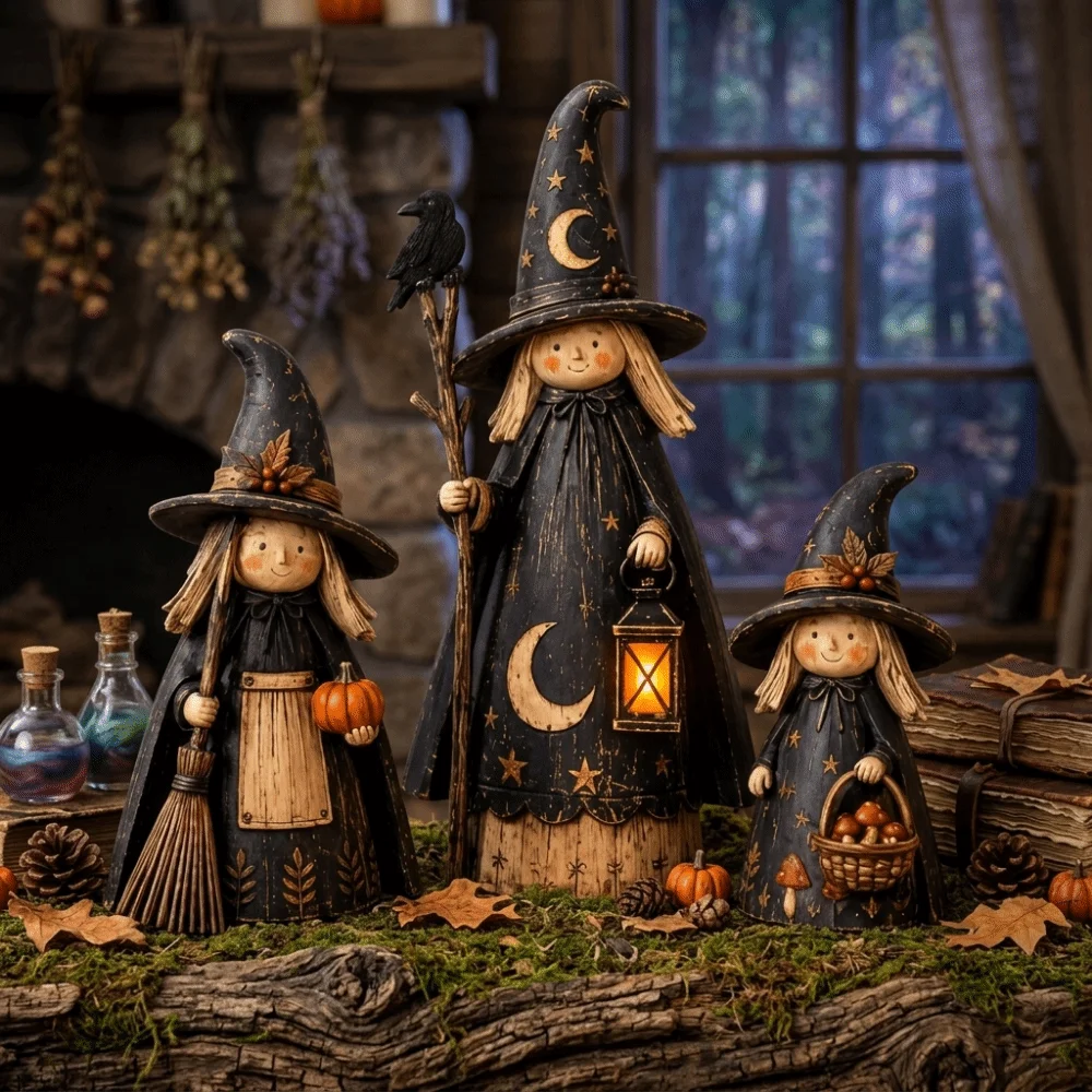 3pcs Wooden Halloween Decoration Set Scarecrow Sculpture 2D Flat Crow Witch Statue Set Double-sided Printing Harvest Figurines
