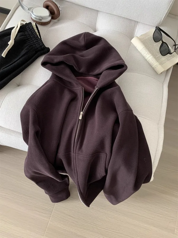 Plus Size Fce Hoodie Jaet Damen Lazy Oversized Zipper Cardigan Winter Thiened Inner ket Long Sve Korean Sle