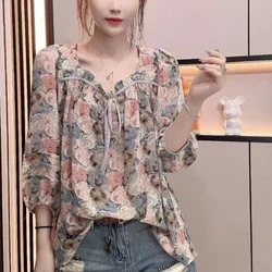 Dames Zomer Koreaans Nieuwe Vierkante Kraag Chiffon Shirt Trendy Design Print Trekkoord Zonwering Shirt Losse 3/4 Mouw Tops