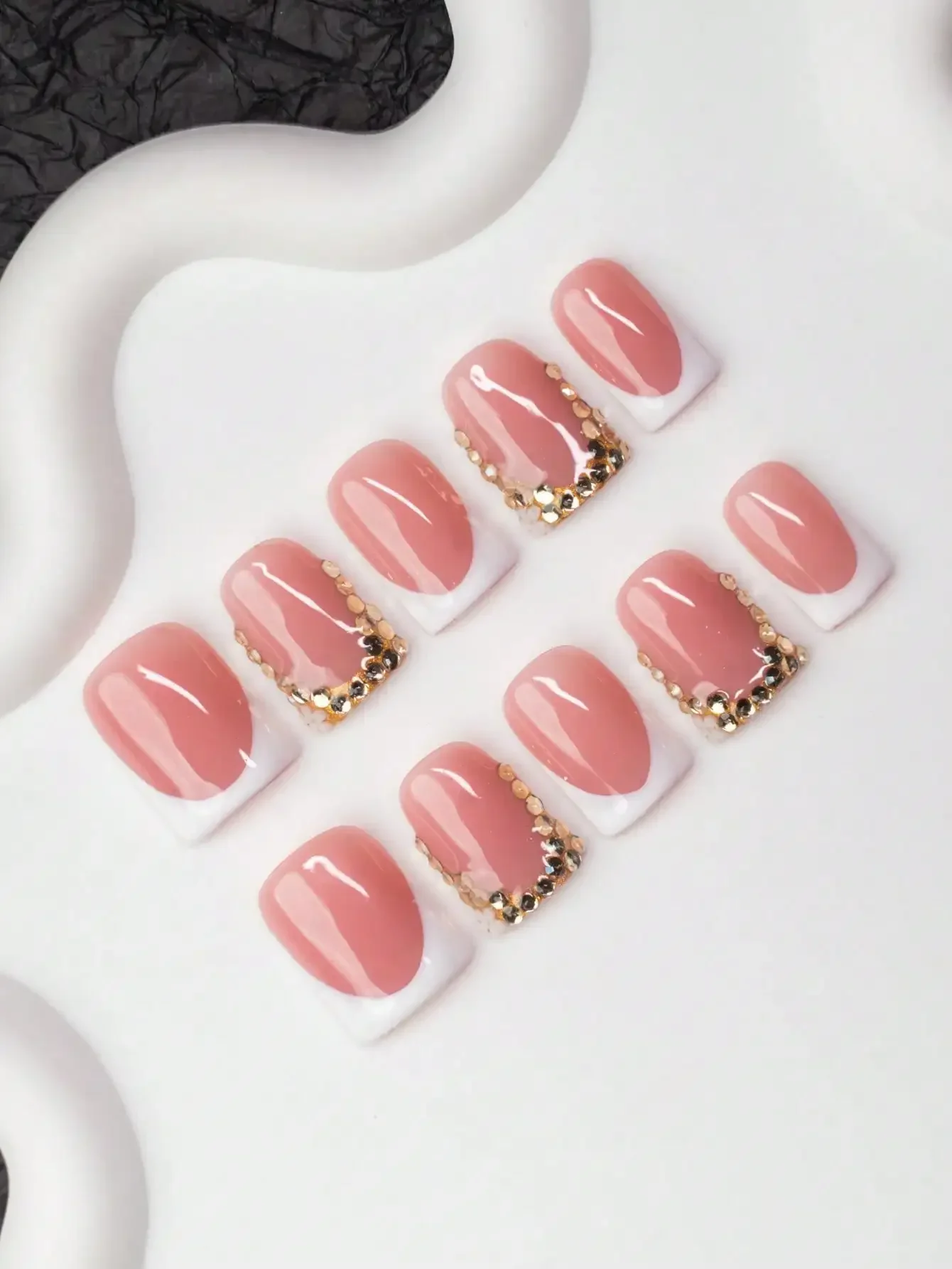 

10pcs Square Shaped Handmade Nail Tips, Y2K Baddie Style, Nude & White Color With French Tips, Rhinestones, Floral Decor