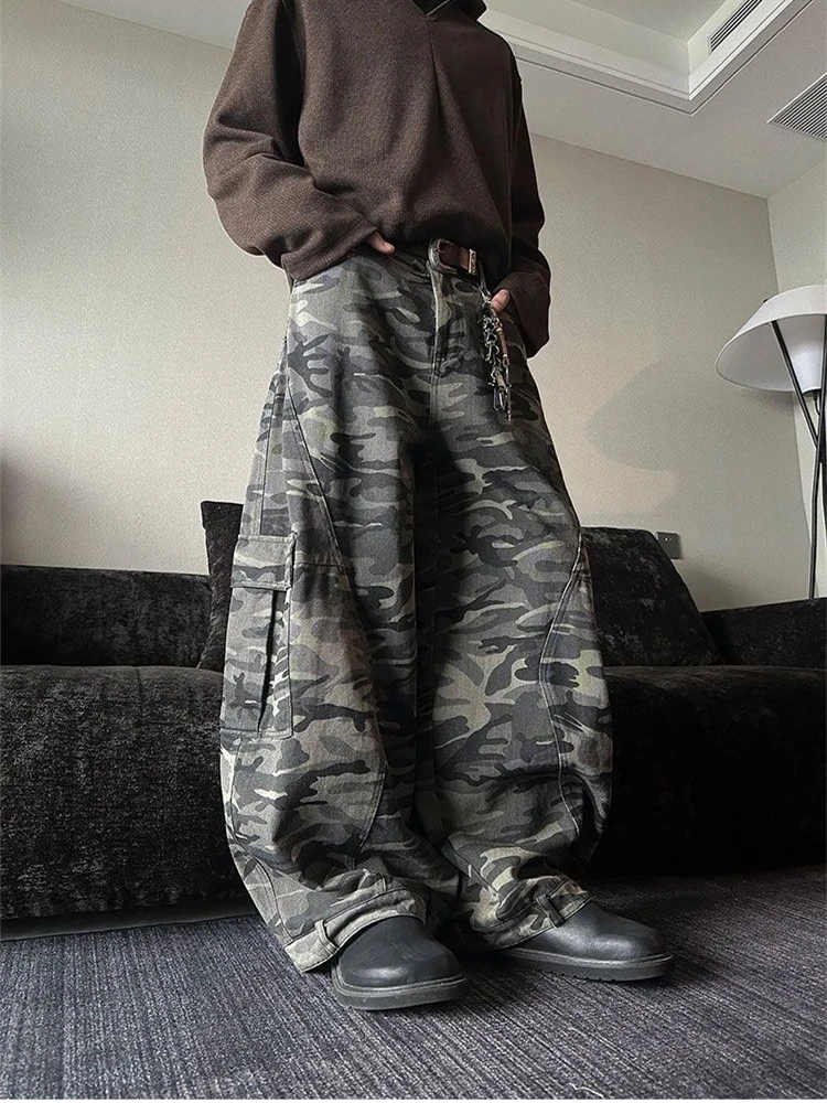 

Women's Large Pocket Curved Wide Leg Camouflage Pants Cool Girl Street Straight Bottoms Summer Female Unisex Loose Trousers