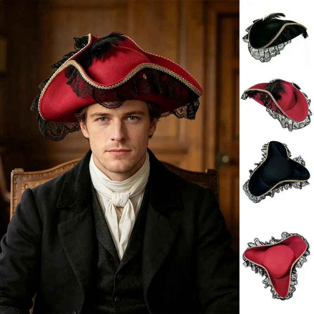 Pirate Costume Hat Halloween Hat Halloween Pirate Hat with Burgundy Lace Feathered Buccaneer Cap Vintage Captain for Women