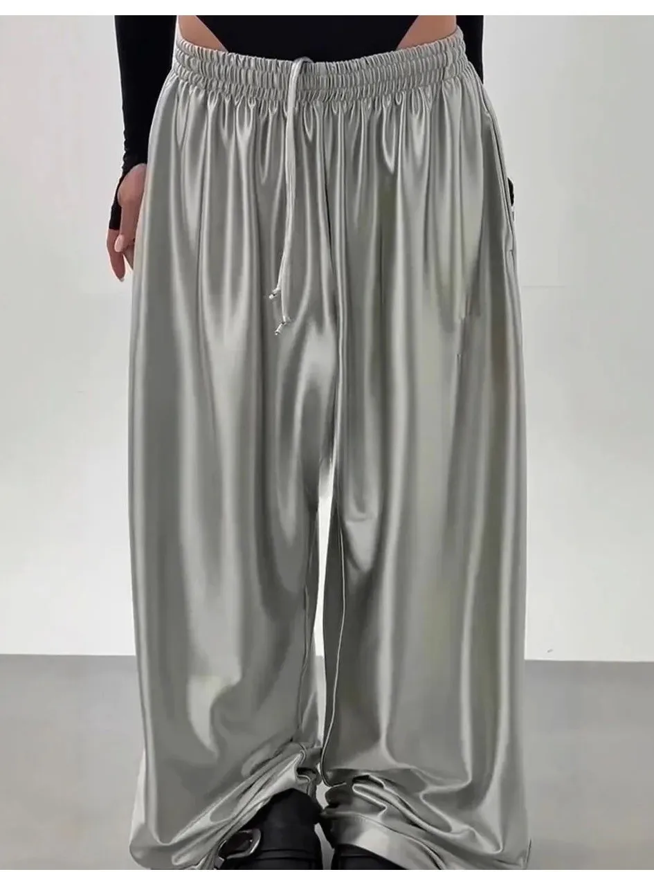 

Длинные повседневные брюки с широкими штанинами и поясом на шнурке, удобные, свободного кроя, прямого силуэта, с завышенной талией, из полиэфирного волокна, женские