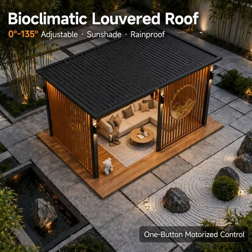 Outdoor Aluminum Pergola Retractable & Motorized Bioclimatic with LED Optional Accessory Powder Coated Eco-Friendly