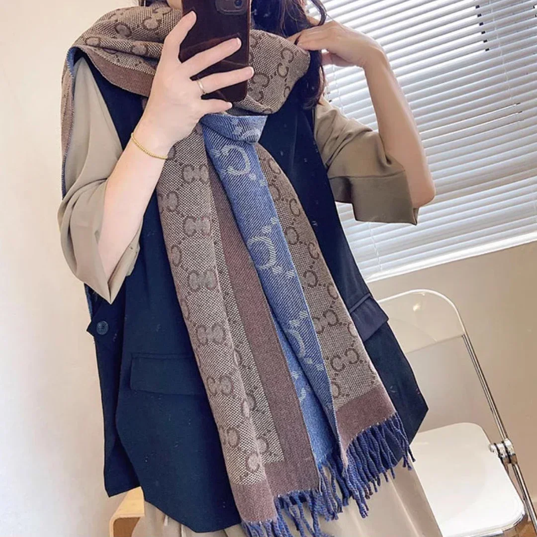 Autumn Winter New Double-sided Imitation Cashmere Scarf Women's Jean Blue Letter Color Matching Thickened Keep Warm Shawl