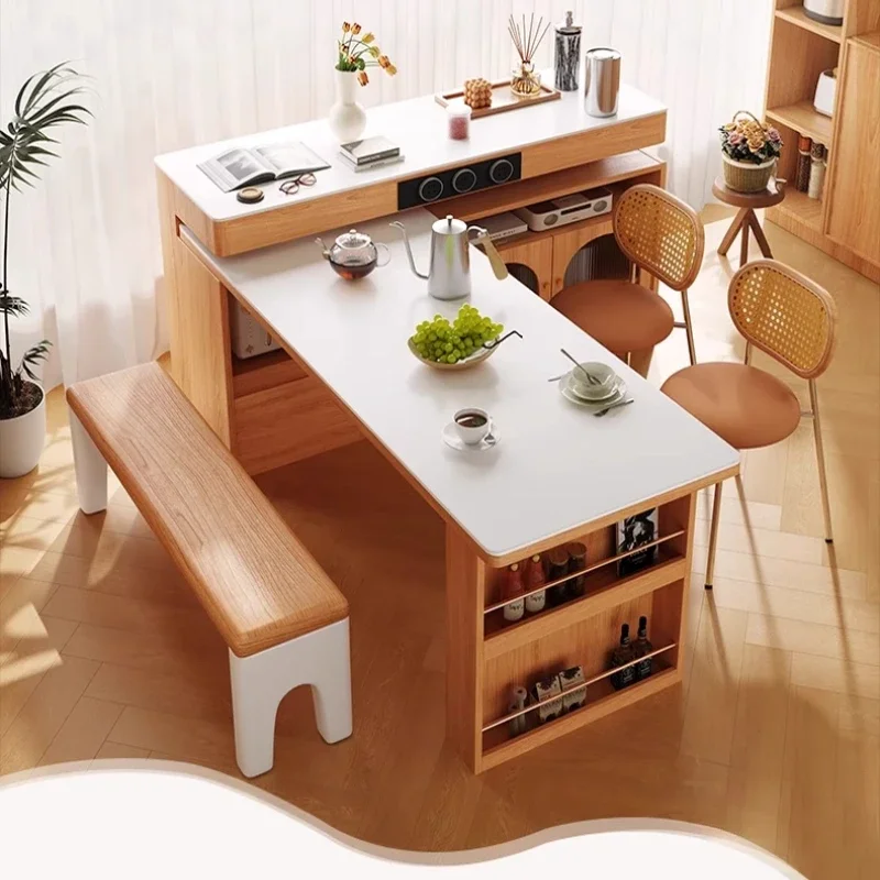 Solid wood island retractable dining integrated household log cream wind rock slab rotating multi-functional bar island table