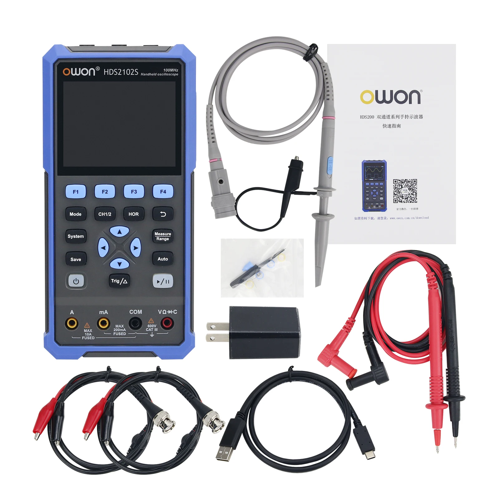 HDS2102S 3-In-1 100MHz Handheld Oscilloscope 500MSa/s Sampling Rate + Multimeter + Signal Generator