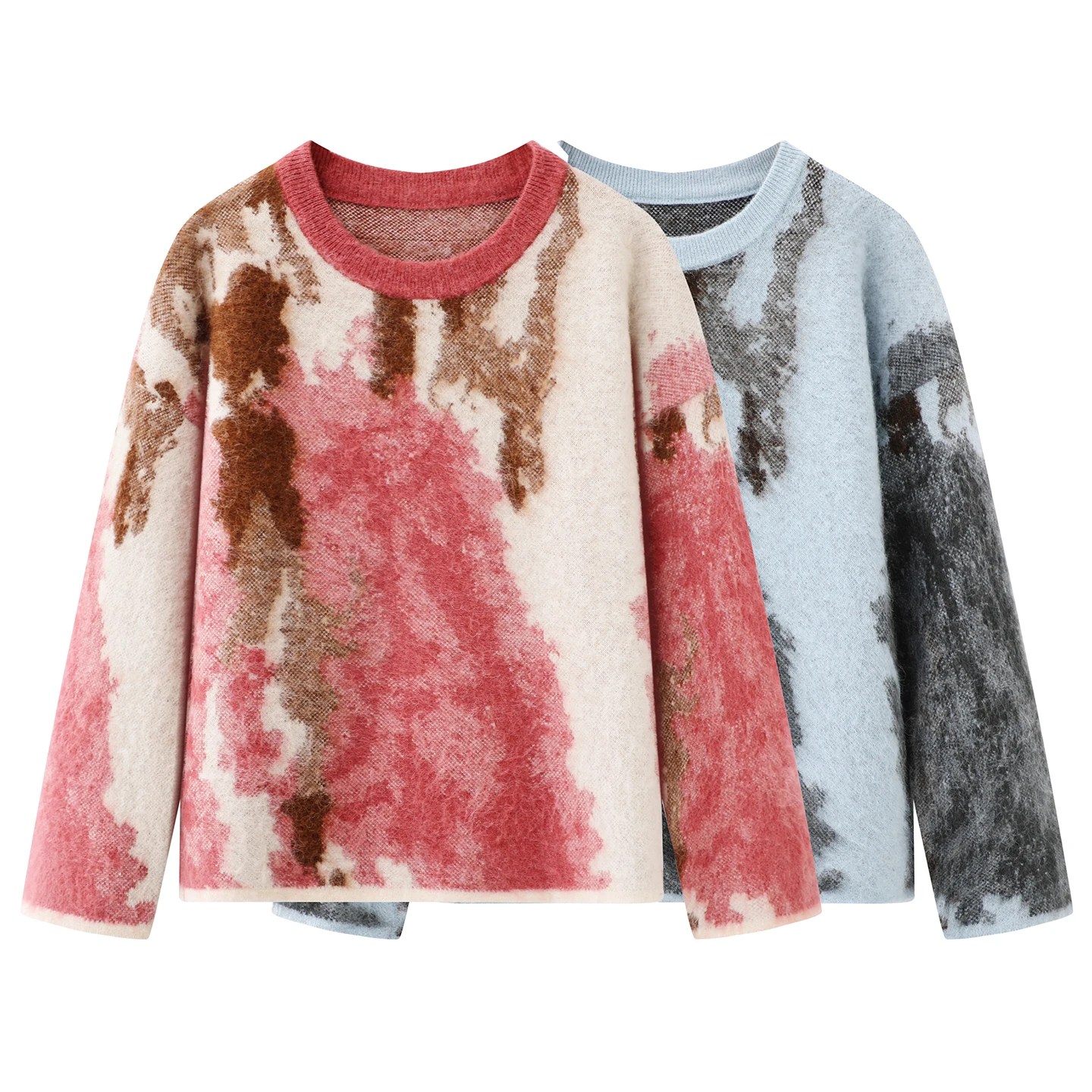 

Vintage Graffiti-style Tie-dye Pink Knit Top For Women O-neck Jacquard Pullover Sweater Trendy Winter Warmth Commuting Outfits