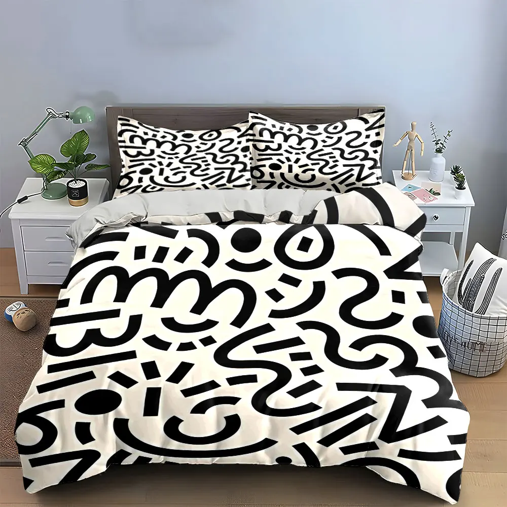 

Abstract Black Curve Doodle Geometric Duvet Cover Set,Off White Minimal Street Bedding Includes 1 Duvet Cover And 2 Pillowcase