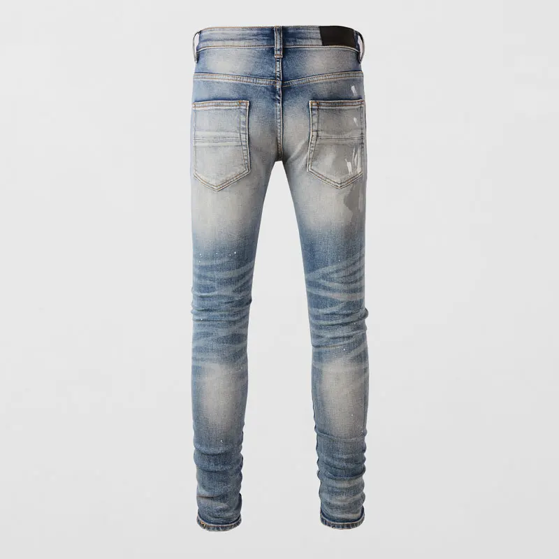 Fashionable new men's jeans stretch slim fit washed blue distressed patch painted jeans high street hip-hop brand pants hombre