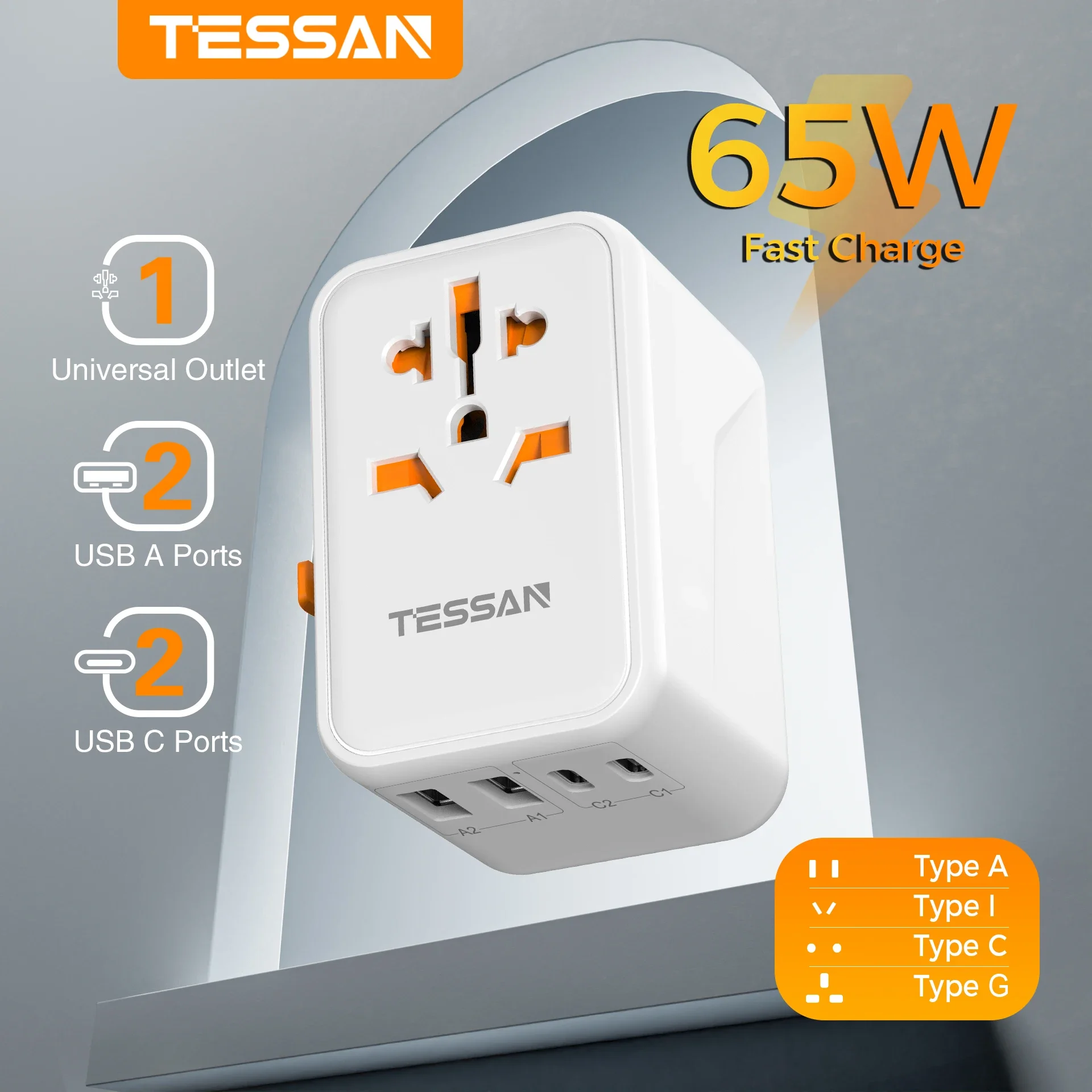 TESSAN 65W GaN Travel Adapter Universal Socket with 2 USB & 2 Type C Fast Charging Power Adapter EU/UK/USA/AUS Plug for Travel