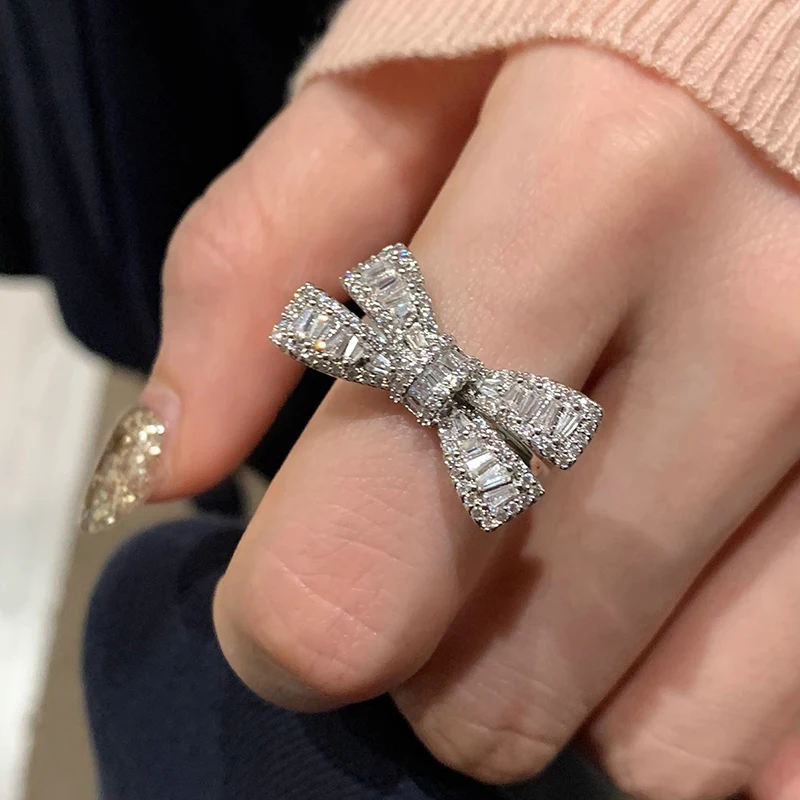 Foxanry Trendy Elegant Bow-knot Ring for Women Couples Sparkling Zircons Ring Wedding Party Jewelry Gifts