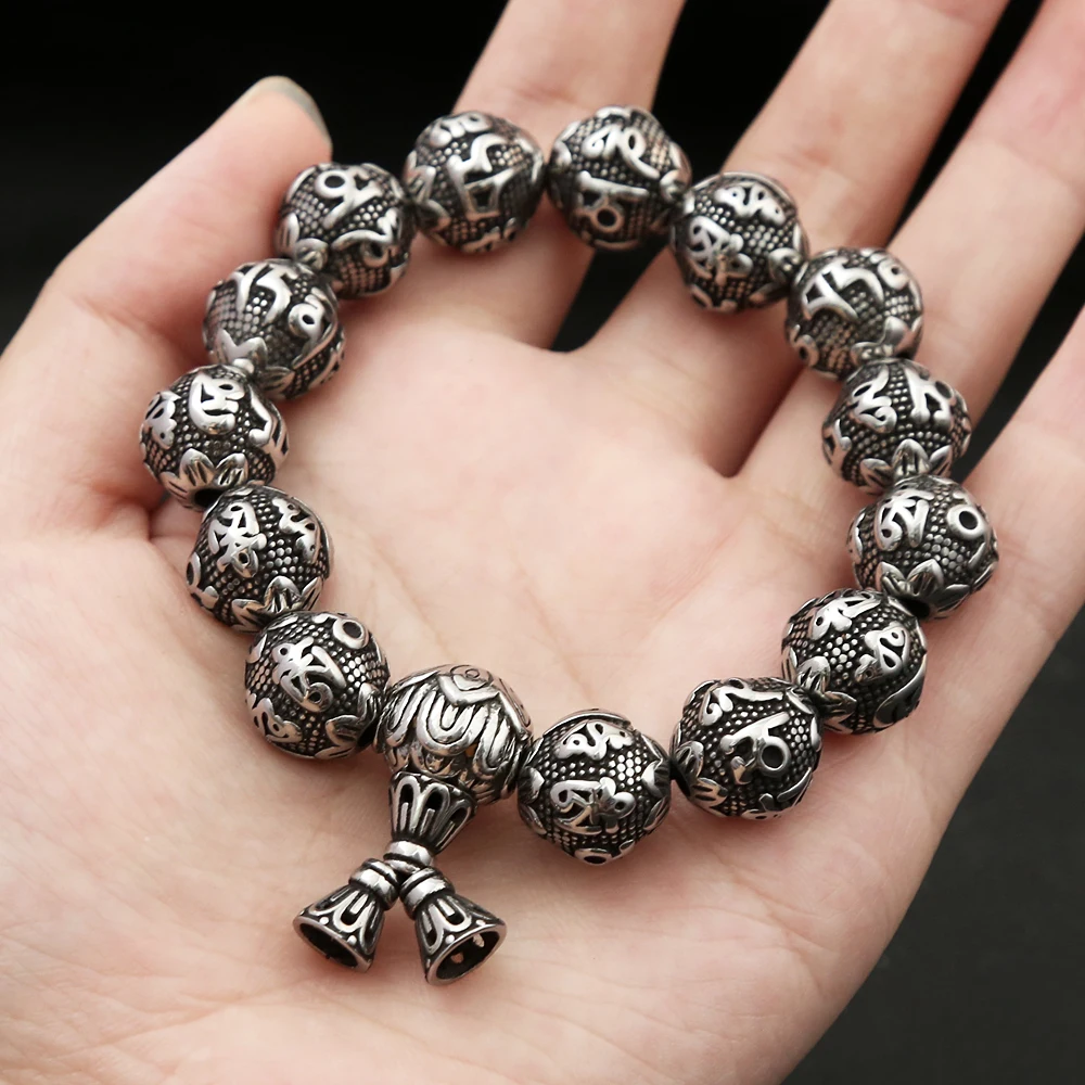 Vintage Unique Tibetan Buddhism Six Words Mantra Bracelet for Men Women Punk Stainless Steel Amulet Bracelets Jewelry Wholesale