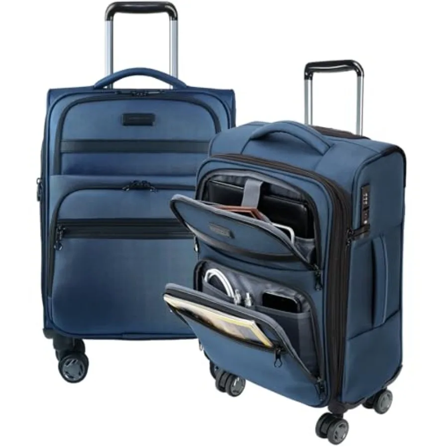 

20 Inch Softside Expandable Carry On Luggage with Front Business Pockets Haze Blue Spinner Wheels Rolling Suitcase with Built-i