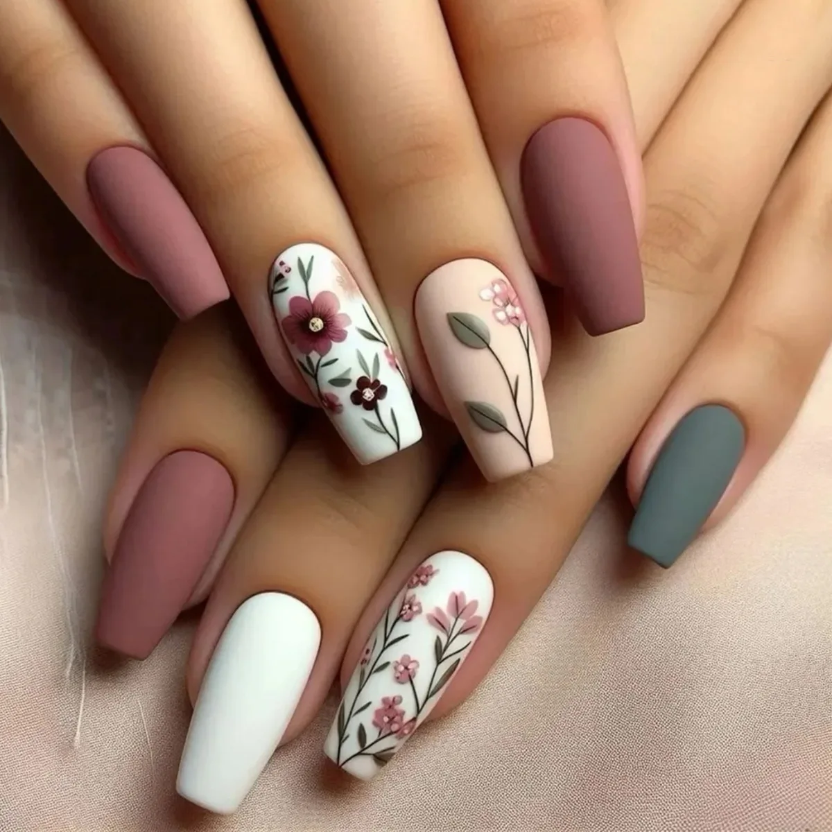 24pcs Finished False Nail Art Mid-length Ballet Nails Sets Press on Glitter Flower Design Fake Nails Set Acrylic Coffin Manicure