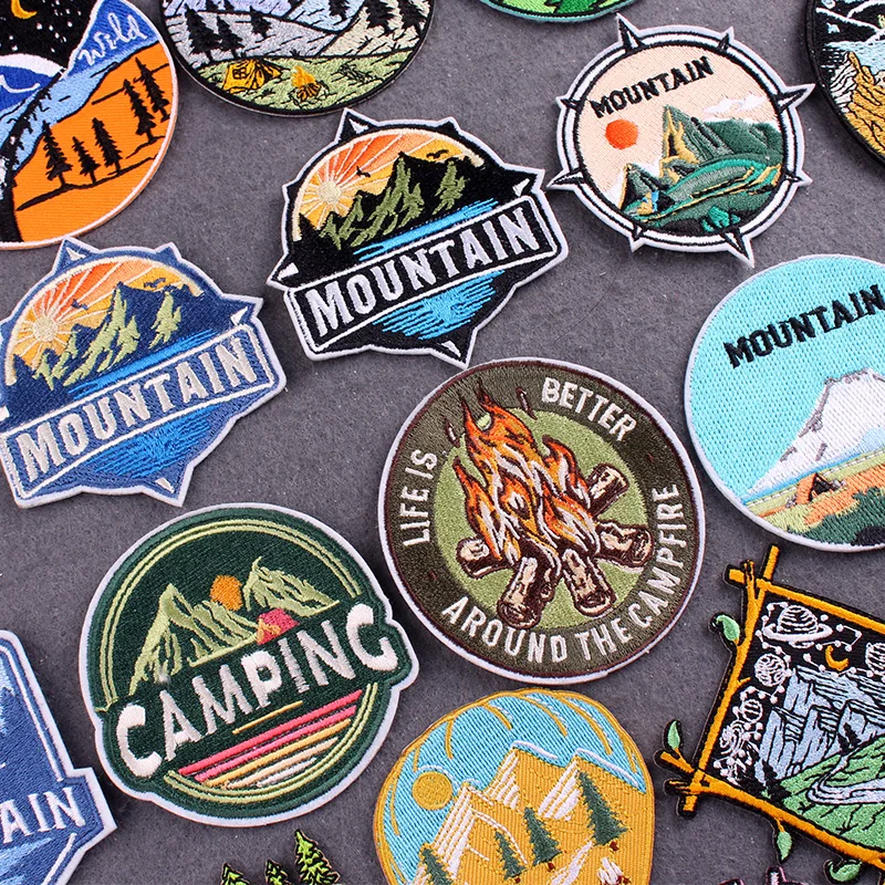 Embroidered Patch Mountain Camping Iron On Patches On Clothes Stripes DIY Adventure Travel Badges Outdoor Patches For Clothing