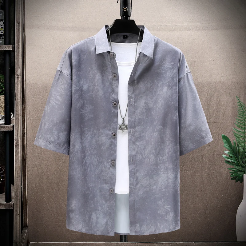 

Summer New Men's Short Sleeve Shirt Ice Silk Thin Hanging Sensation Top Fashionable Urban Standard Fit Polyester Spandex Blend