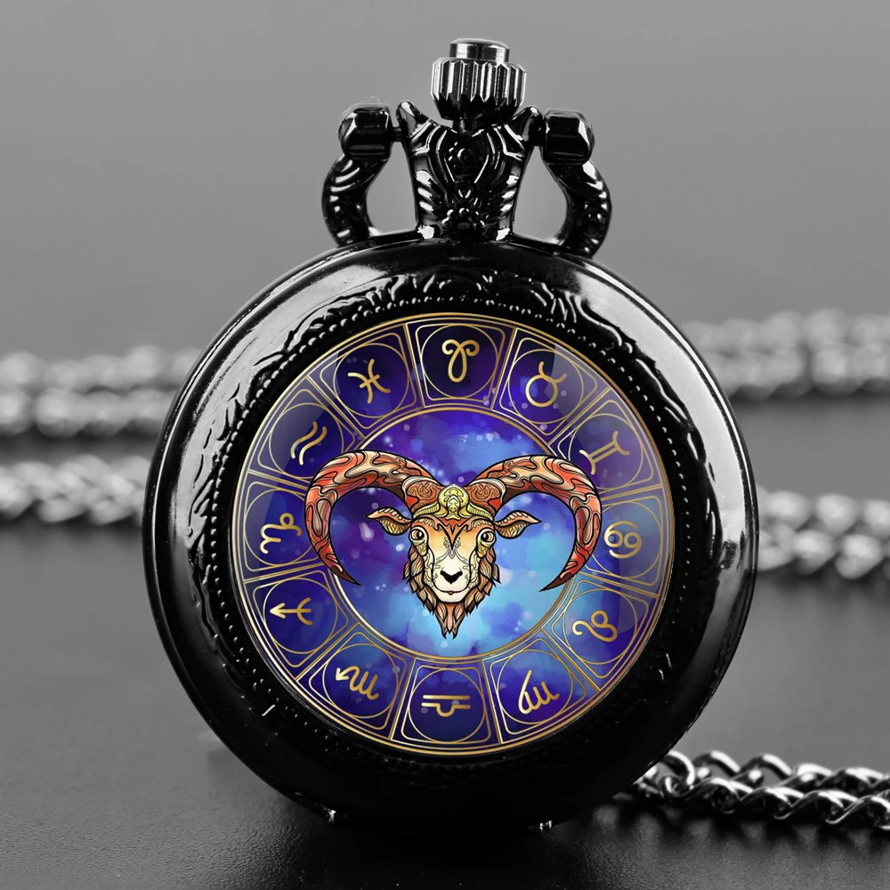 Aries Glass Dome Quartz Pocket Watch With Durable Chain Arabic Numeral Dial Extraordinary Gifts for Men Kids