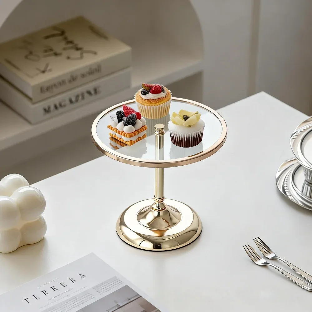 Light Luxury Glass Cake Stand with Transparent Fruit Tray Dessert Table Display Stand with Golden Border Desktop Display Stand