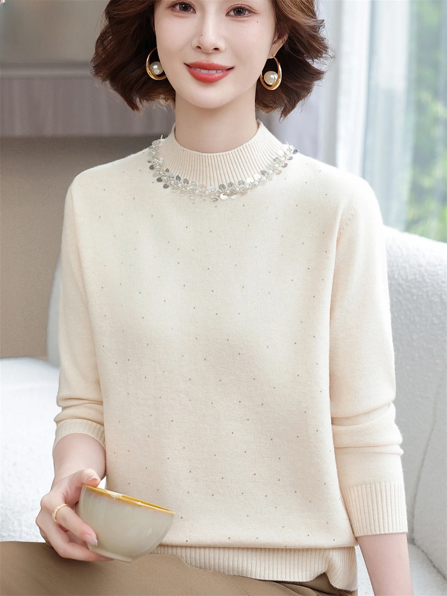 

Faionable Long Sve Knitted Woolen Top Loose Mom Sle Base Layer irt for Middle Aged And ly Women Autumn Winter Wear