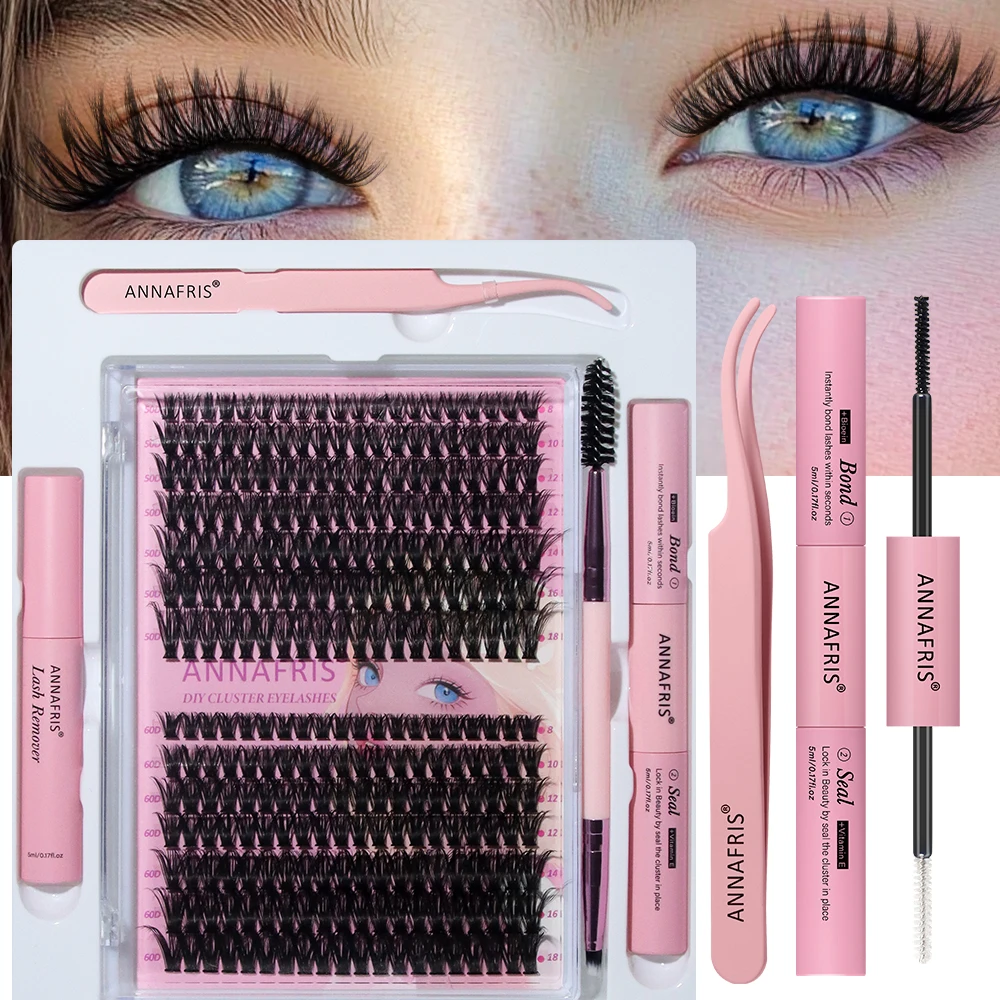 ANNAFRIS 280-teiliges DIY-Wimpernverlängerungs-Set, Cluster, Wimpern-Set mit Bond- und Dichtungsentferner, Pinzette, individuelles Wimpern-Set