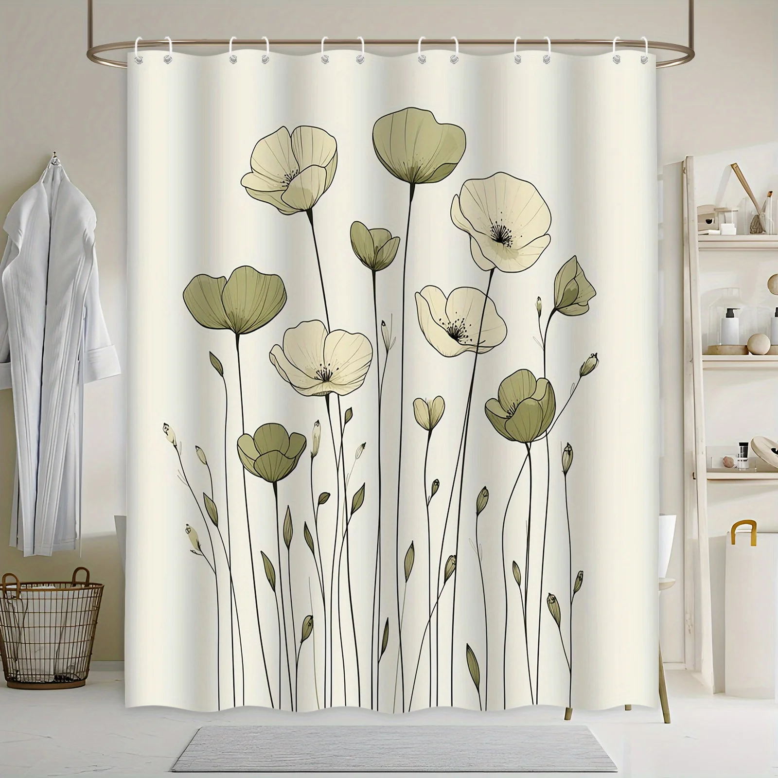 Minimalist Poppies Bath Curtain - Elegant Green & Cream Floral Design,Modern Bathroom Decor, Bathroom Curtains Bathroom Decor