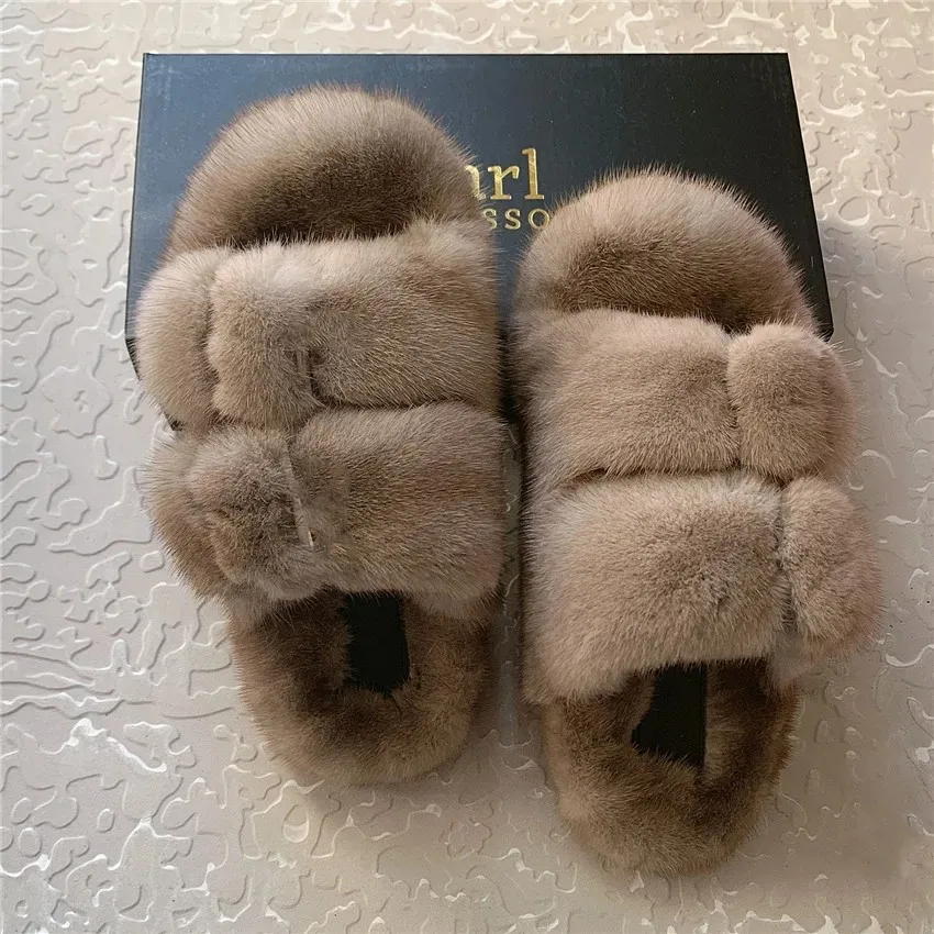 2024 Women\'s Fur Slippers 100% Real Mink Fur Slippers Women Slippers Open Toe Lasies Fur Slide Flat Heel Fashion Luxury Fur Shoe