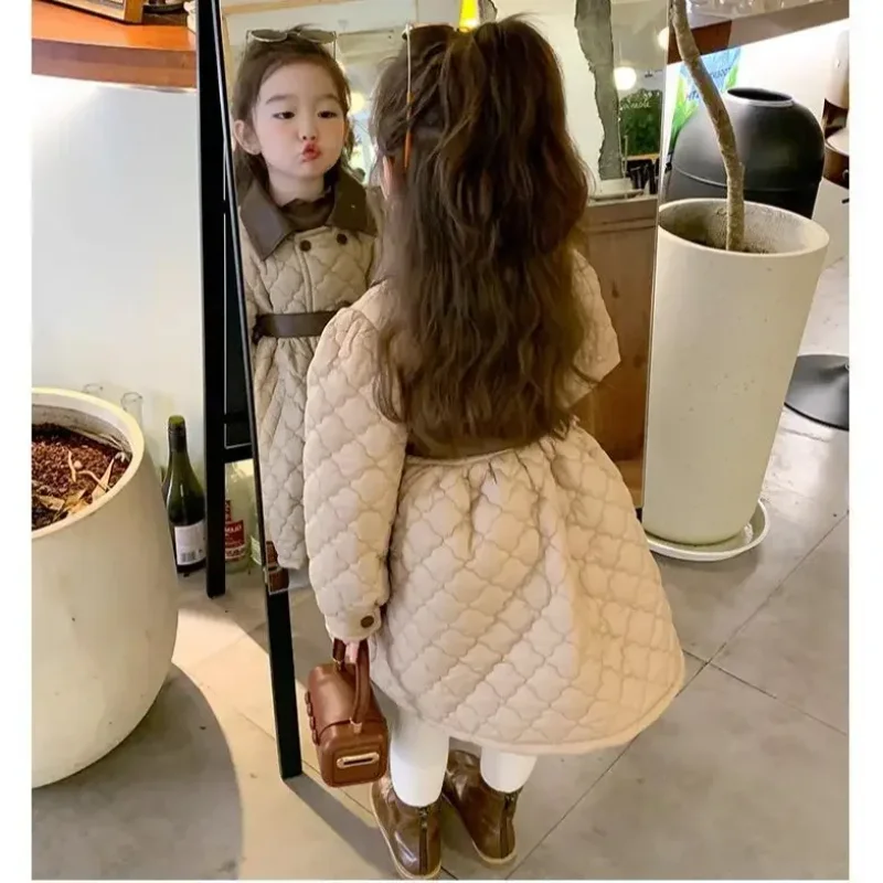 Children\'s Coats Girls\' Cotton-padded PU Leather Clip Cotton Padded Coat Medium Long Coat Winter Coat Clothes for Girls