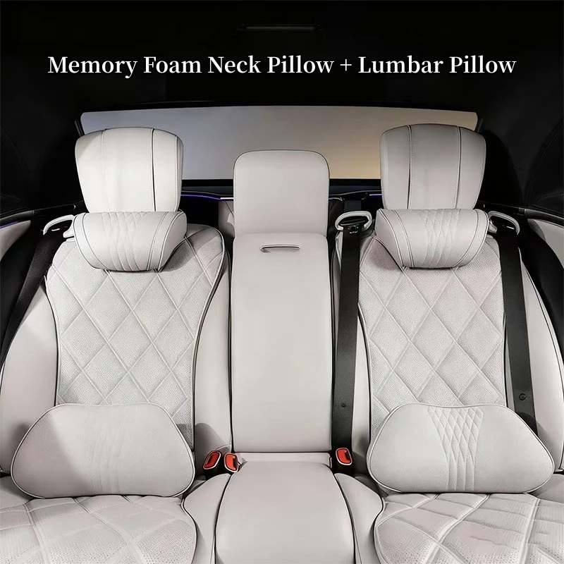 Car Headrest Pillow Lumbar Cushion Napa Leather Breathable Neck Pillow Memory Foam Backrest Lumbar Support Car Seat Accessories