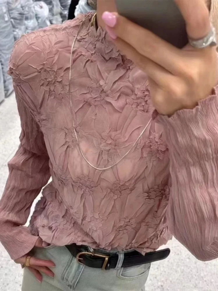 

Женская повседневная футболка с эффектом похудения, весна 2024, с длинным рукавом, круглым вырезом, плиссированная, приталенная, из тонкой полиэстеровой ткани