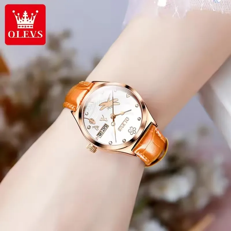 OLEVS 6611 Dual Calendar Mechanical Watch for Women Original Top Brand Leather Hand Clock Lady Waterproof Woman Automatic Watch