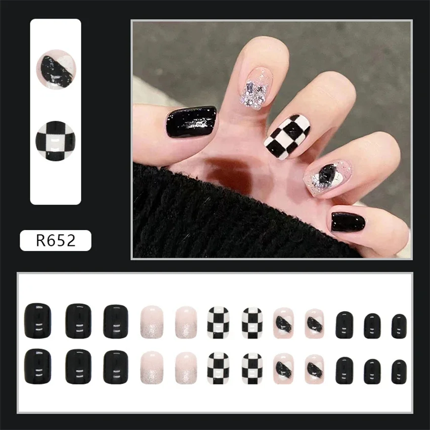 

24Pcs/Set Sweet Cool Tessellated Handmade Press on Nail Whitening Temperament Black Wearing False Nails Spice Girl Fake Nail Art