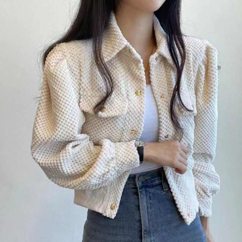 

Autumn Winter Short Jacket Women's Retro Single Breasted Lapel Corduroy Coat Chic Long Sleeved Commuting Ladies Thick Outer Wear