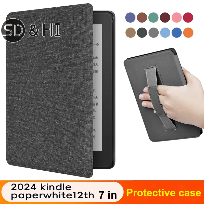 

Чехол с ручкой для Kindle Paperwhite 12-го поколения, 2024, 7-дюймовый защитный чехол для электронной книги, ремешок на руку, чехол для автоматического сна