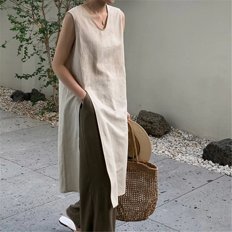 

Mid Length Dress Women Dresses A Line Vestidos Streetwear V Neck Cotton Linen Elegant Maxi Y2k Simple Loose Summer 2025 Split