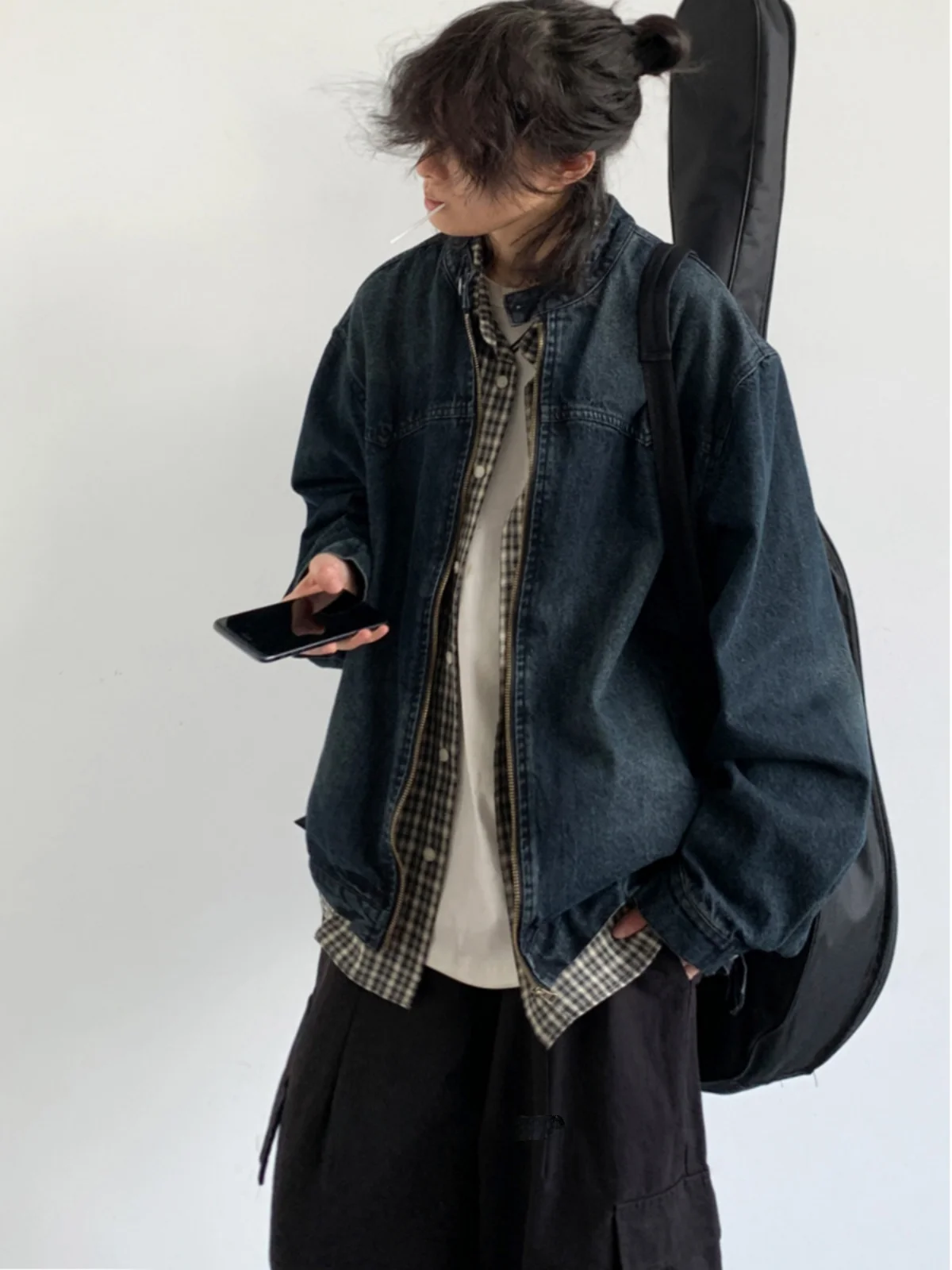 

Retro Waed Denim Jaet ex Loose Casual Stand Collar Zipper Closure Anti-Wrinkle Spring Autumn Japanese Sle Outfit