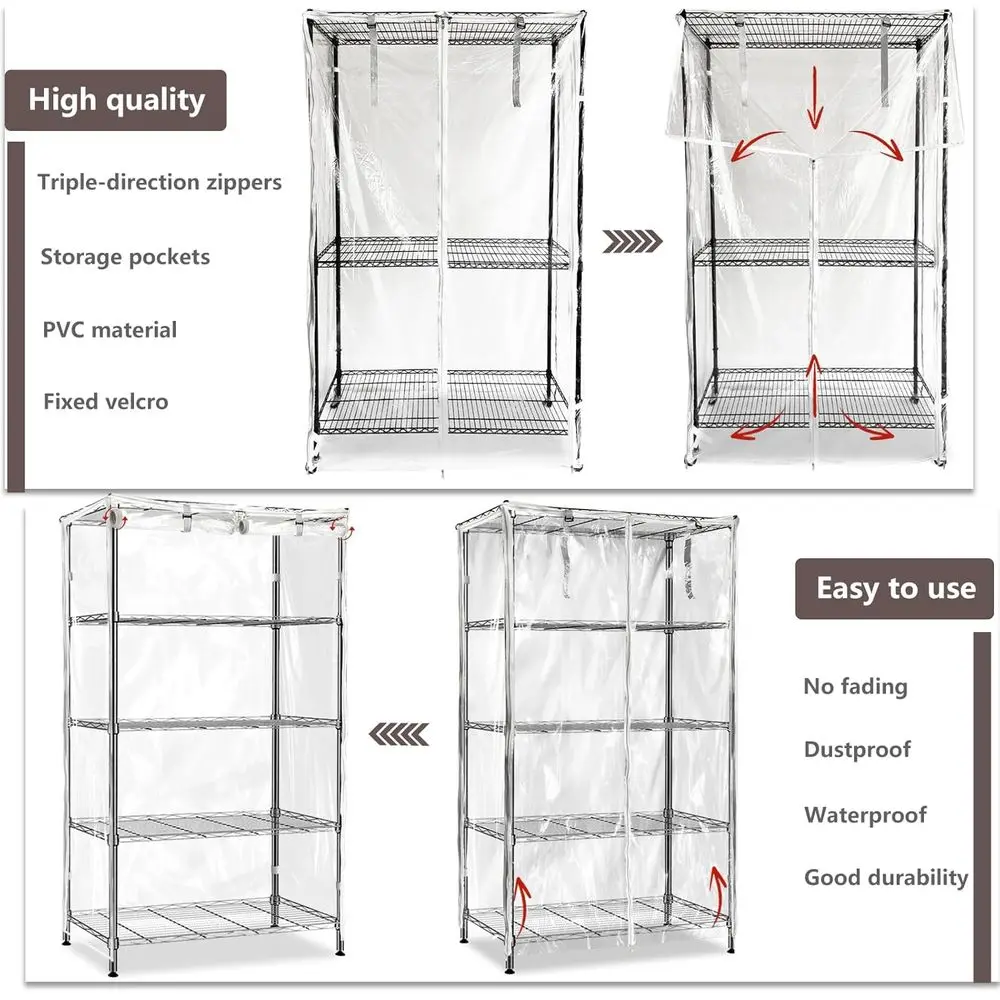 Przezroczysta, wodoodporna osłona na półki z PVC z zamkiem błyskawicznym, pasuje do półek o wymiarach 36 x 18 x 72 cali.