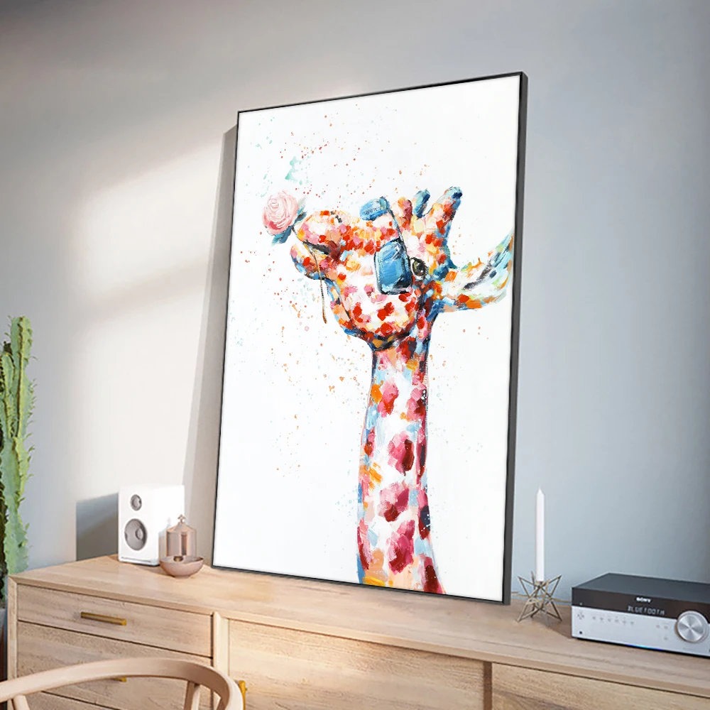 Arthyx Pop Art Handpainted Colorful Giraffe Animal Oil Painting On Canvas,Wall Picture For Kid Room Decor Modern Home Decoration