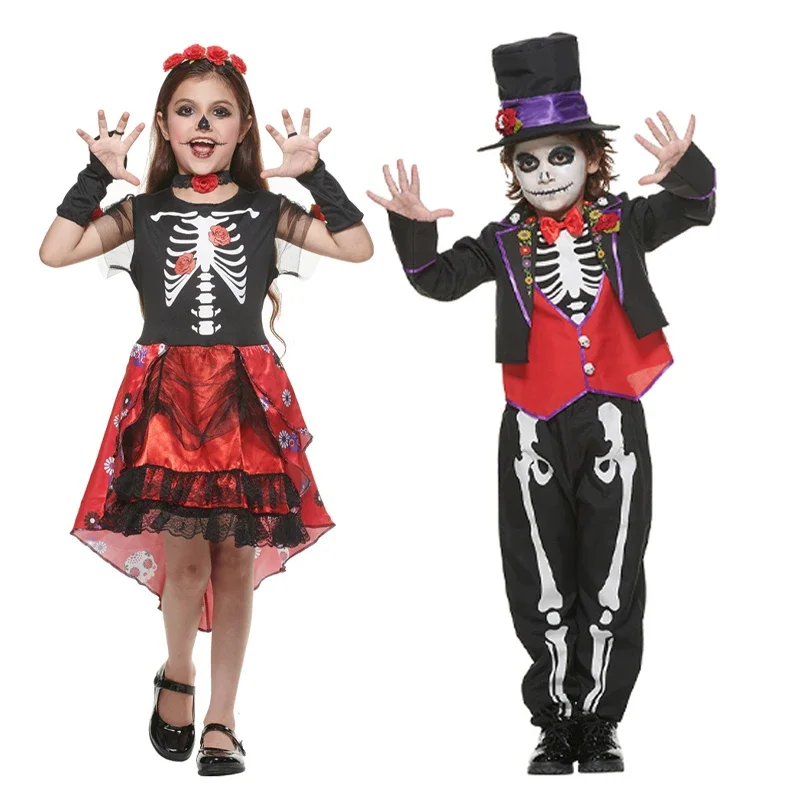 Halloween Scary Cosplay Skeleton Rose Boy Girls Devil Vampire Outfit Party Carnival Scary Costume Baby Girl Day Of The Dead Suit