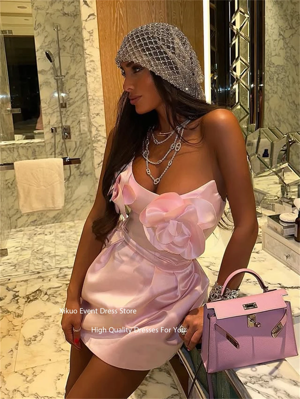 Xikuo مثير الوردي الساتان فساتين السهرة الحبيب مطوي رداء كوكتيل نساء بلا أكمام قصيرة ثلاثية الأبعاد الزهور فستان رقص مخصص
