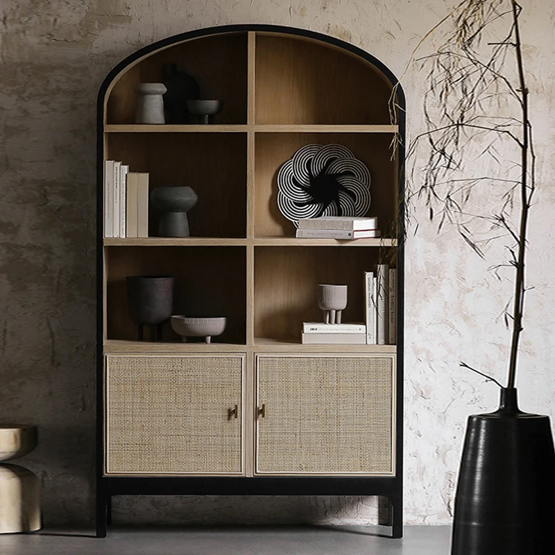 خزانة كتب من الخشب الصلب لغرفة المعيشة، باب من الخيزران، خزانة عرض مزخرفة، خزانة تخزين أرضية فرنسية عتيقة #5