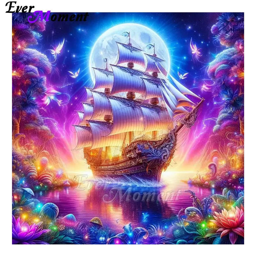 

Корабль Ever Moment в море с деревьями Красивые цветы AB Фея Пыль Бусины Алмазная картина ASF2966