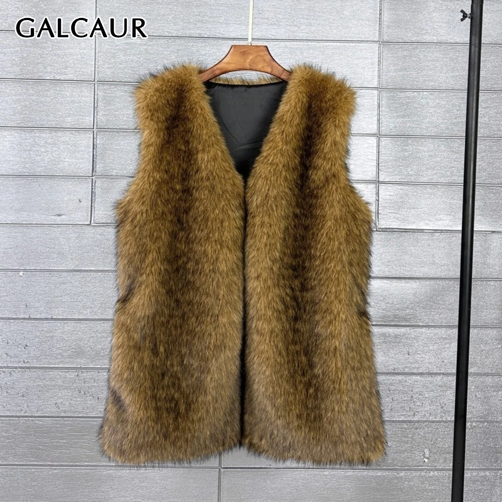 

GALCAUR Brown Spliced Imitation Fur Female Jacket V neck sleeveless Loose casual Temprament Basics Women's Jackets winter style