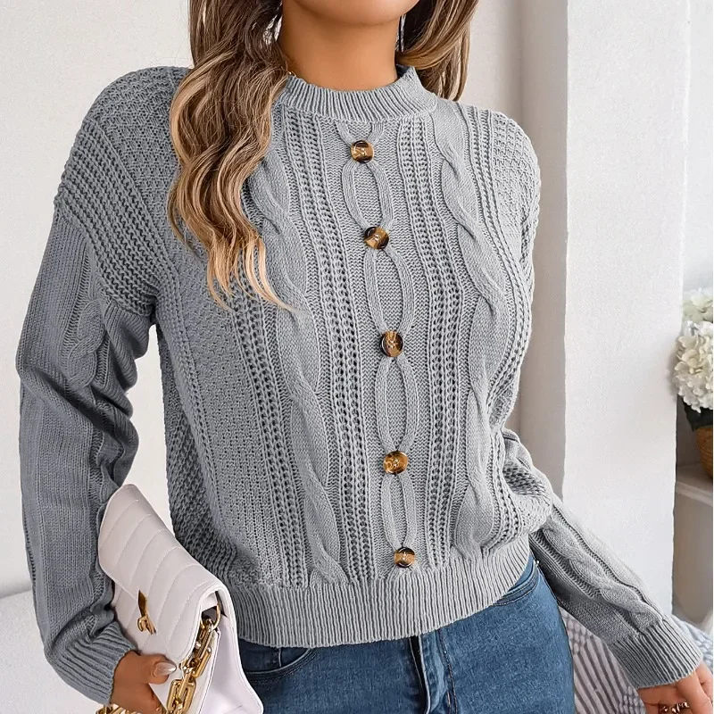 Autumn and Winter Women's Pullover Round Neck Long Sleeve Solid Thread Button Loose Office Lady Fashion Casual Sweater Knit Tops