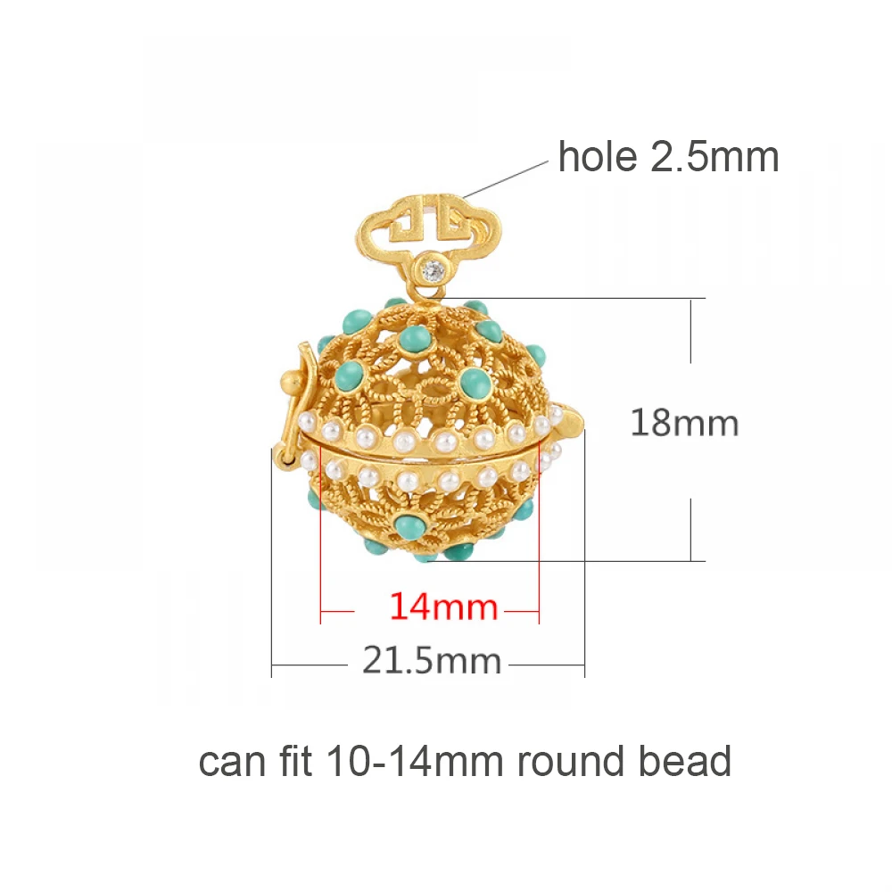 Frosted Gold Cage Locket Pendant 925 Silver Round Ball Pendant Setting for 10-14mm Round Bead Locket Charms Necklace DIY Jewelry